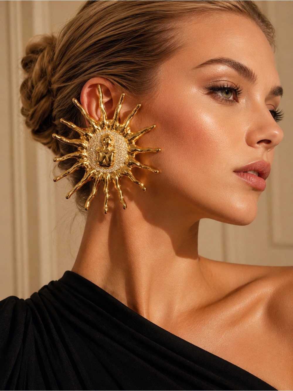 Schiaparelli Gold Sunburst Statement Earrings with Embossed Center